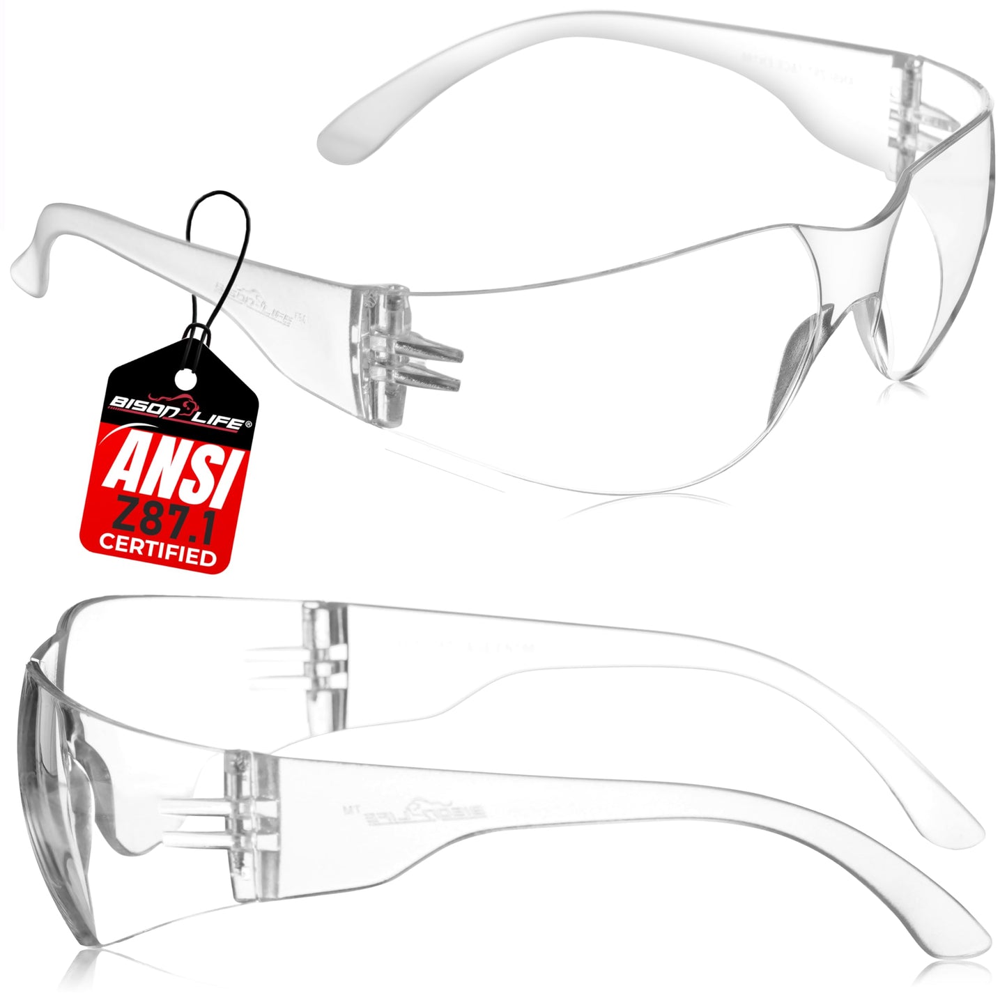 BISON LIFE Safety Glasses | 12 PAIRS with Clear UV Protection, Scratch Resistant, Wrap Around, Ballistic Impact Protected Lenses, One Size, Clear Lens Clear Temple, 12 per pack (1 pack)