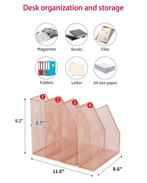 AUPSEN File Organizer for Desk, 4-Pack Desk Accessories & Workspace Organizers, Magazine File Holder, Mesh Desktop Organizer for Home Office (Rose Gold)