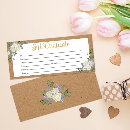 Blank Gift Certificates, 25 Floral Kraft Gift Certificate Cards for Business, Spa, Salon, Massage, Restaurants, Custom Client Vouchers for Birthday, Work Card -05