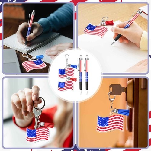 Sayglossy 50 Sets Veterans Day Gift Veterans Ballpoint Pen American Flag USA Acrylic Keychain with The USA Patriotic Themed Card Souvenirs Gifts for Veteran Patriotic Party Supplies