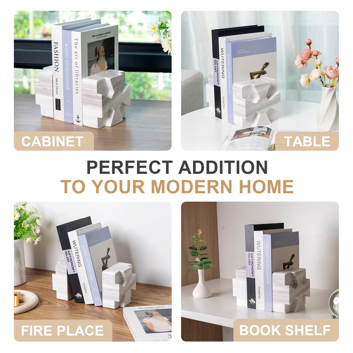 Decorative Square Marble Bookends for Heavy Books – Unique Book Ends for Shelves – Modern Aesthetic Book Holder/Stopper with Non-Slip Pads for Chic Home, Office, or Library Decor, Volakas