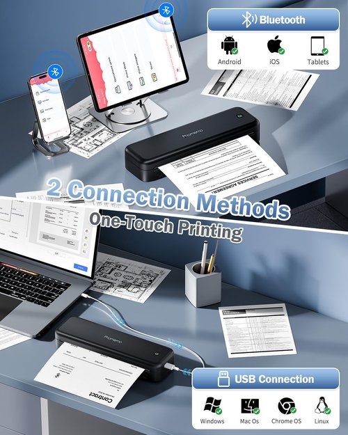Phomemo M834 Portable Wireless Printer - Upgraded Bluetooth Thermal Printer for Travel | 8.5" x 11" & A4, Inkless Printing for iOS, Android & PC - Black
