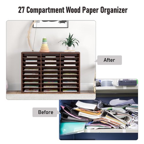 Senhoglb Wood Classroom Mailbox 27 Compartments Literature Organizer with Adjustable Shelves Paper Storage Cabinet Wooden Mail Sorter Organizer for Office Home School, Retro Brown