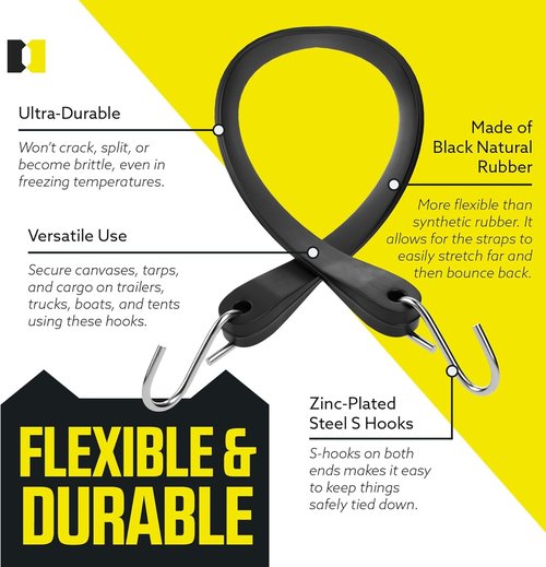Pack of 50 Tarp Straps - 21" Long Natural Rubber Bungee Cord Tie-Downs for Secure Cargo | Metal S-Hooks Included