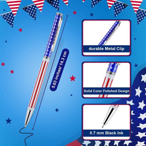 Gueevin 60 Pcs American Flag Ballpoint Pen Patriotic 4th of July Metal Pens USA Themed Slim Retractable Pens Bulk Black Ink 0.7 mm for Independence Day Veteran Swat Souvenir Gifts(Silver)