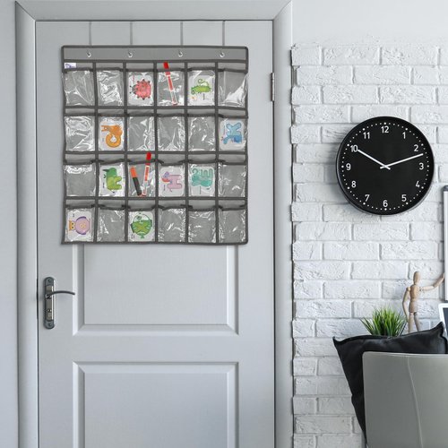 DOITOOL 24 Clear Pockets Classroom Pocket Chart for Cell Phones Calculator Holder Over The Door Hanging Closet Jewelry Organizer Clear Pocket Chart Organizer for Classroom Cellphone Storage