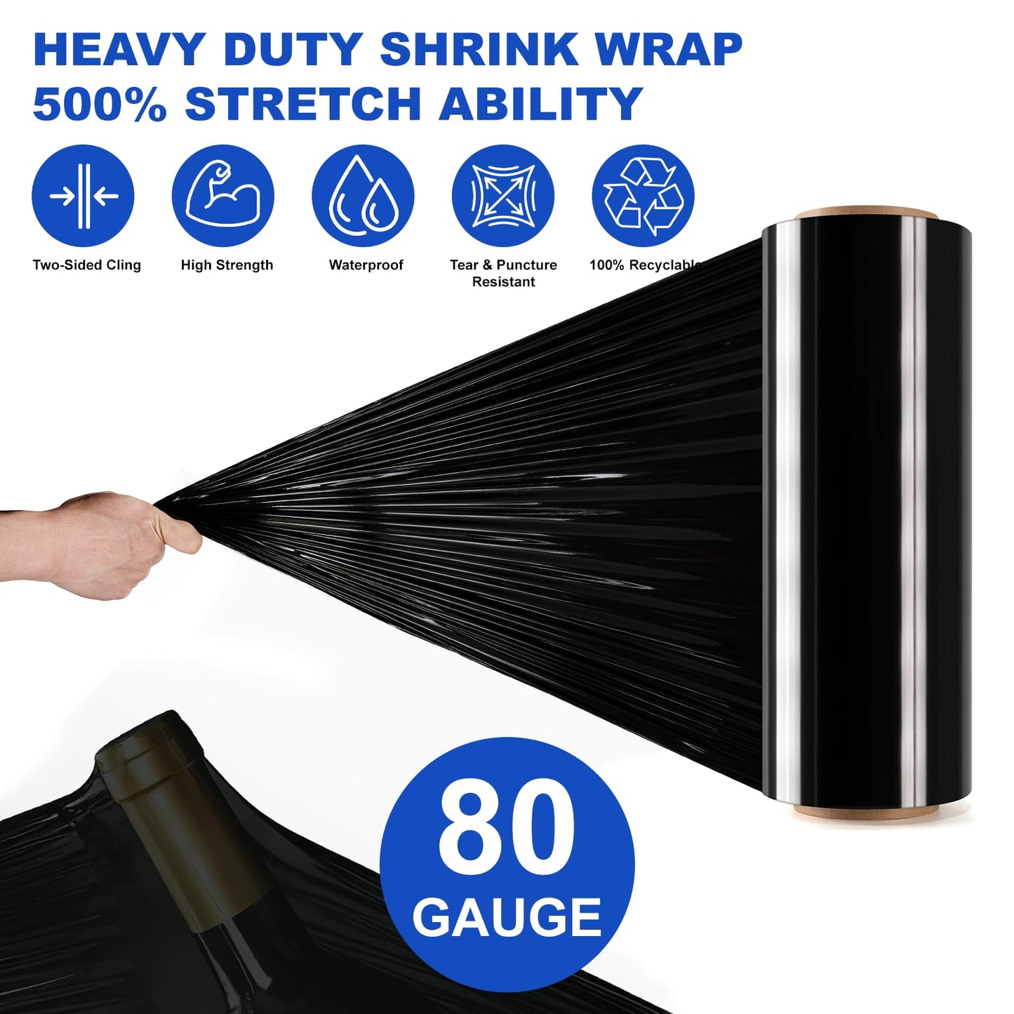 Ealyder Tape 2 Rolls Black Stretch Wrap 12" x 1000 FT x 80 Gauge, Industrial Heavy Duty Stretch Wrap Shrink Film, Durable Self-Adhering for Packing, Moving, Pallet, Included Wrap Holder