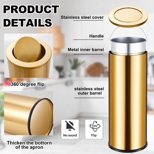 Reallnaive 30L/8GAL Gold Lidded Trash Can with 100 Garbage Bags Metallic Gold Brass Kitchen Garbage Bin with Flip Lid Commercial Compact Waste Basket for Shopping Centers, Elevator Doors, Hotels