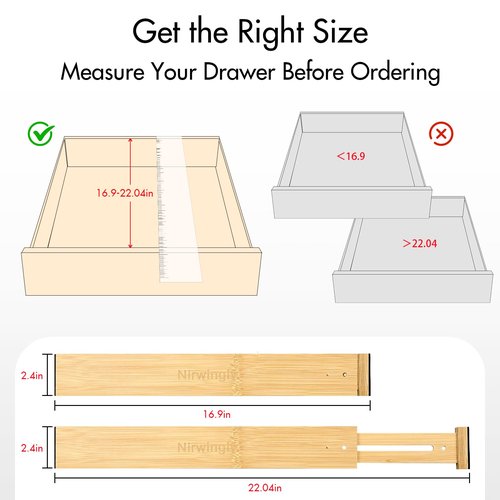 Nirwingly Bamboo Expandable Drawer Dividers Organizers – 4pcs Adjustable Size (17-22") for Kitchen, Bedroom, Bathroom & Office