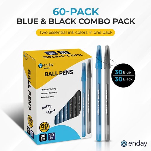 Enday Ballpoint Pens - 60 Pack with 30 Blue & 30 Black | Medium Point 1.0mm for Smooth Writing & Comfort