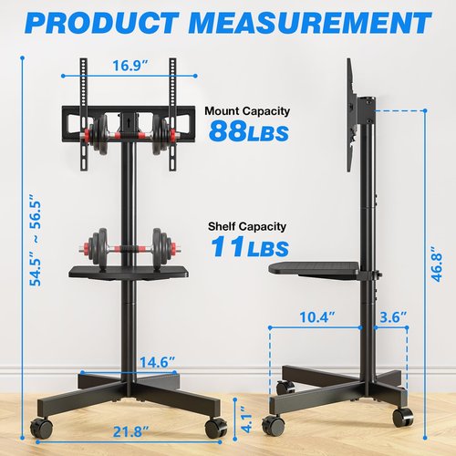 Rolling TV Stand with Shelf for 23-60 inch TVs up to 88lbs, Portable Mobile TV Cart with Silent Wheel, Tilt & Height Adjustable Universal Corner TV Stand for Bedroom, Living Room, Office