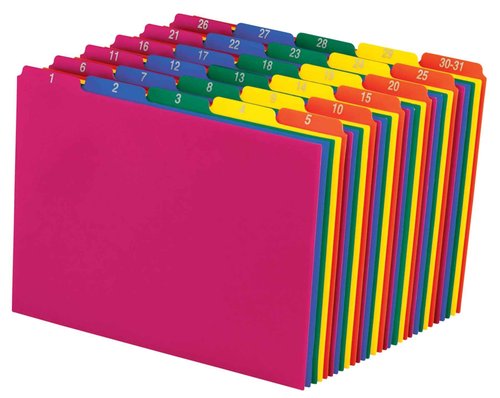 Pendaflex 40143 Top Tab File Guides, Daily/1-31, 1/5 Tab, Polypropylene, Letter (Set of 31) , Blue;green;magenta;strawberry;yellow