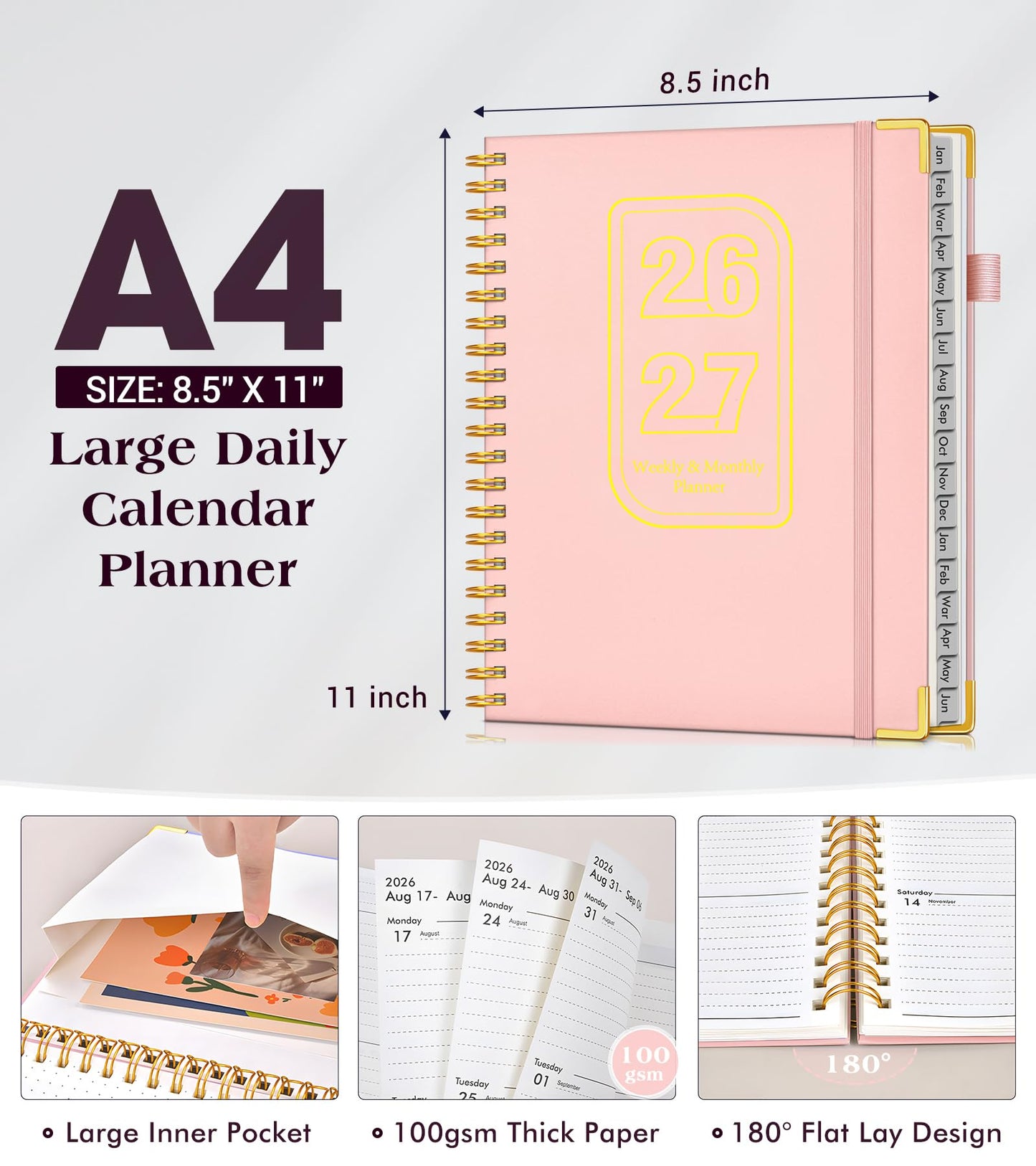 Planner 2026-2027, 18 Months Weekly and Monthly Hardcover Planner, January 2026 - June 2027, 8.5" x 11" A4 Large Daily Calendar Planner Book with Tabs, Spiral Yearly Agenda Organizer Notebook for School Work Home, Pink