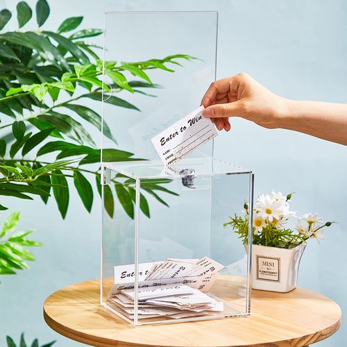 Teling Tall Acrylic Donation Box with Lock and Sign Plate Safe Suggestion Box with 100pcs Raffle Tickets Cards for Raffle, Money, Voting, Charity, Suggestion (Transparent, 6.7 x 5 x 8 Inch)