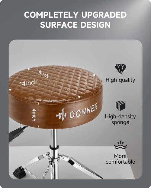 Donner Drum Throne Seat DT-150, Professional Drum Stool - Adjustable Hydraulic Height, Thick Padded Anti-Slip Cushion, Double-Braced Stability, Brown