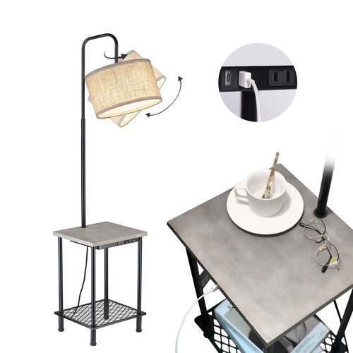 ELYONA Rustic End Table Floor Lamp, Solid Wood Shelf Tall Pole Standing Light USB Type-C Charging Port & Outlet, Farmhouse Side Table Lamps for Bedroom Living Room Office, LED Bulb Included, Grey