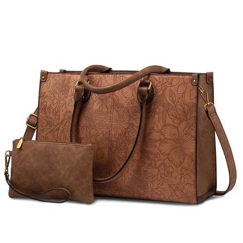 LOVEVOOK Laptop Tote Bag for Women, 15.6 Inch Large Capacity Vintage Leather Work Computer Bag, Business Casual Shoulder Handbag, Brown Embossed