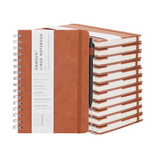 OnMove Spiral Notebooks Journal for Women Men 12 Pack Bulk Leather Hardcover with Pen Holder A5 160 Pages 100 GSM Thick Paper for Work School Lined Brown
