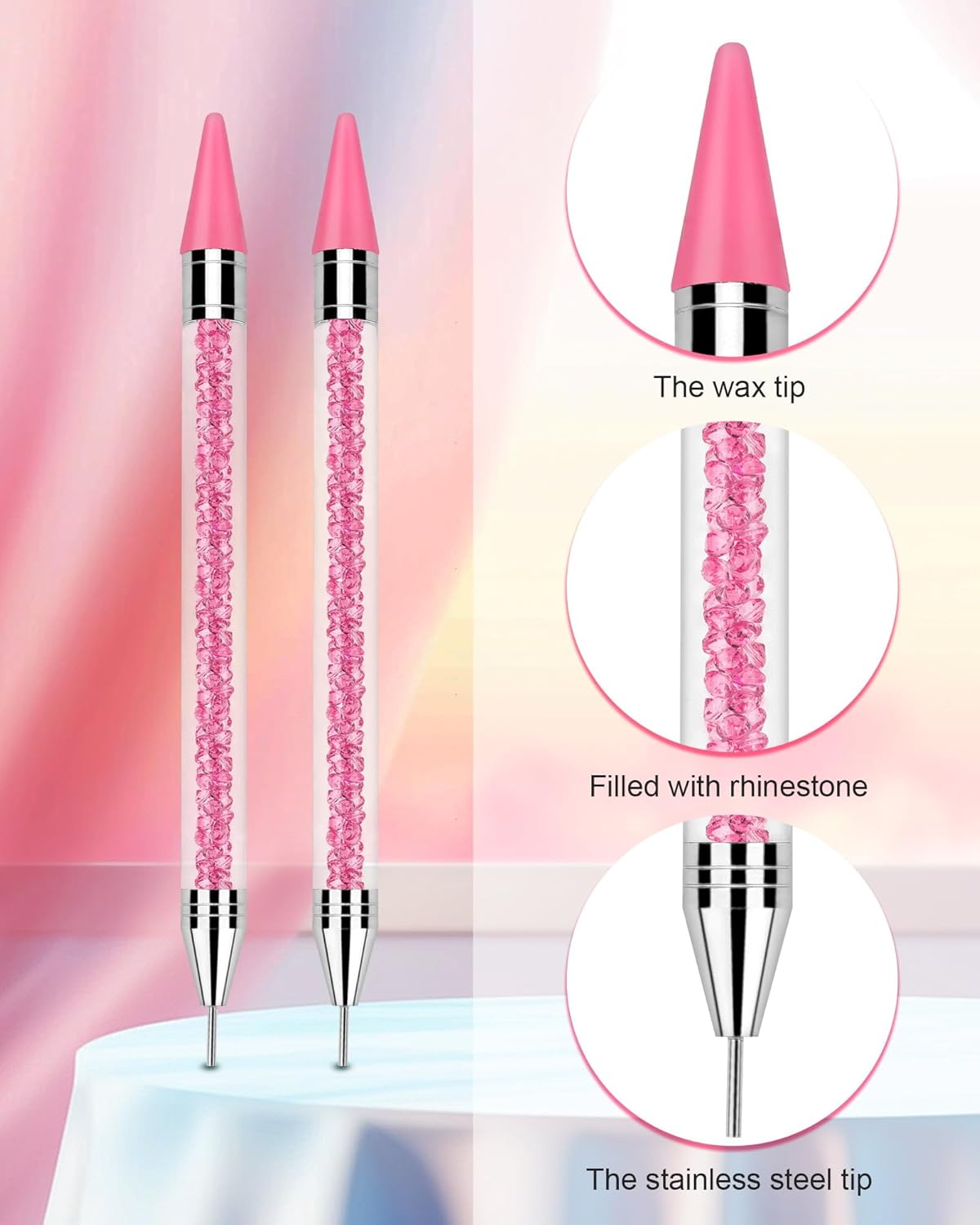 Skiennix Rhinestone Picker Tool Set - Rhinestone Applicator with 4 Pink Wax Heads & 2 Tweezers
