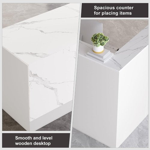 L-Shaped Reception Desk - Modern Front Counter with Lockable Drawers & Adjustable File Cabinet | Marble White, 86.6''L x 23.6''W x 41.3''H