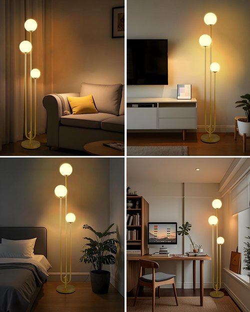 Lightdot 63-Inch Gold Floor Lamp - Dimmable 3-Light Globe LED Design | Soft Warm White for Living Room & Bedroom Decor