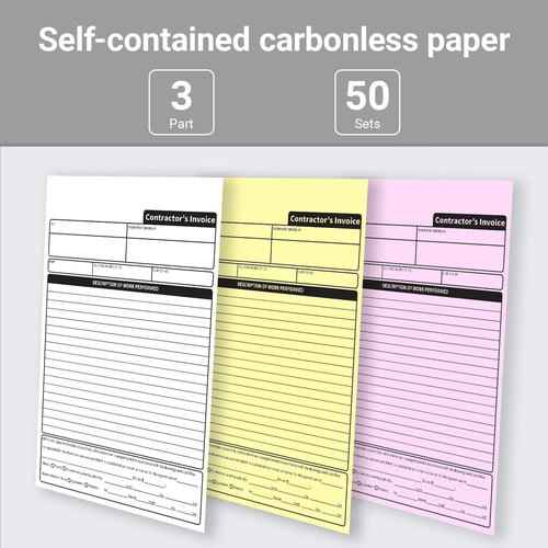 3 Pack Carbonless Contractor Invoice Receipt, 7.3 x 11 inches Estimate Book, 3-Part with Carbon Copies, 50 Sets with Backing Board for Small Business,Construction,Estimates & Handyman
