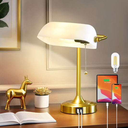 Skiennix Vintage Desk Lamp - Retro Bankers Lamp with USB & Type C Charging Ports | Ideal for Home Office & Nightstand