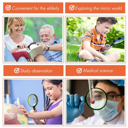 Leffis 3 Pack Magnifying Glass, 10X Non-Slip Handheld Reading Magnifier for Kids and Seniors, 75mm Magnifying Glass Lens for Reading, and Nature Exploration