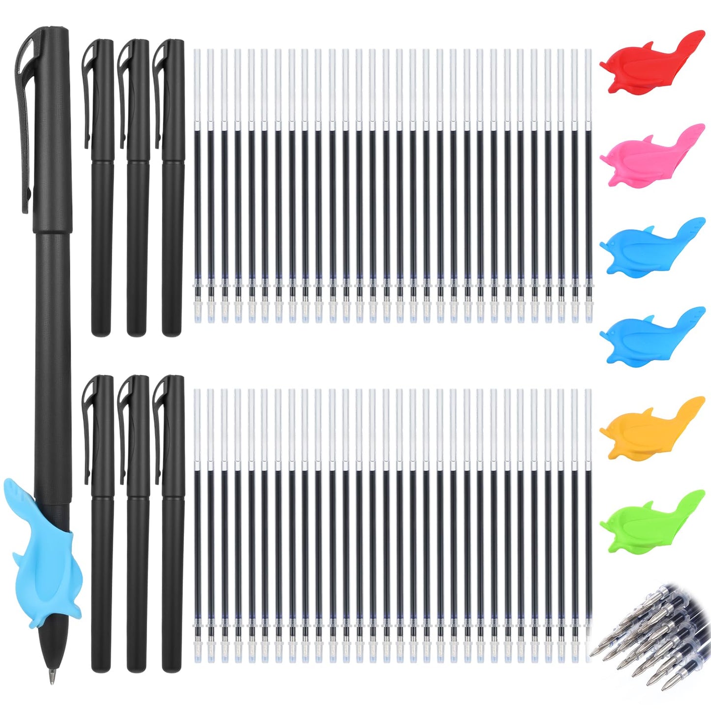 Heclia 72 PCS Magical Pens & Refills for Grooved Handwriting Workbooks 60 Disappearing Ink Pens with 6 Pen Shells & 6 Grips Reusable Writing Practice for Kids 3-12 Writing Train Handwriting Practice