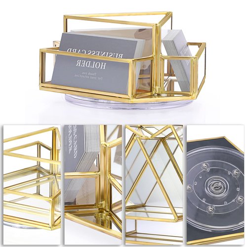 Hipiwe 360° Rotating Business Card Stand Holder Gold Glass Name Card Display Stand Vintage Mirrored Office Desktop Business Card Organizer, 4-Slots