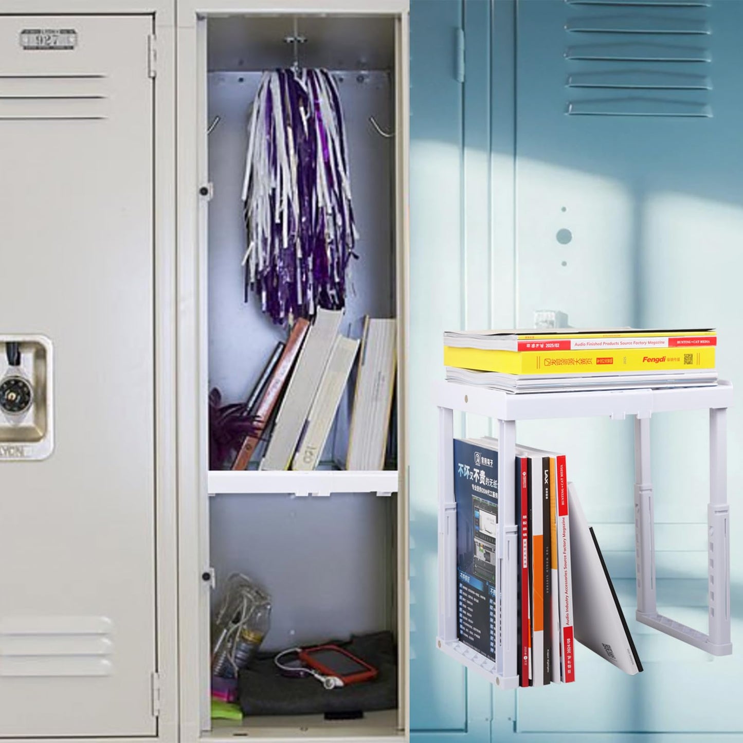 Adjustable Locker Shelf for School, Work & Gym Lockers – Expandable Width & Height, Stackable, Magnetic Support, Durable Locker Organizer Shelf – Easy to Assemble, Fits Standard Lockers, White