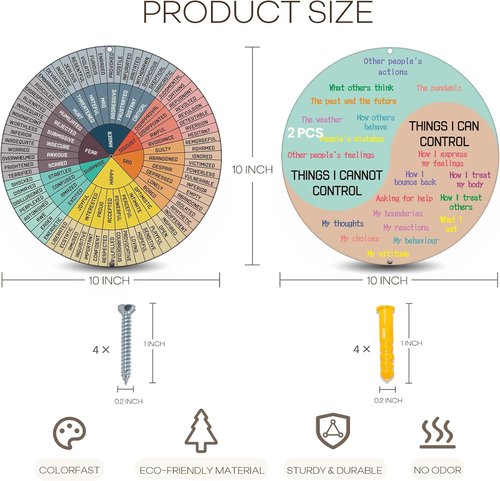 Giftacity Feelings Wheel Chart - 2 Pcs Wooden Emotion Chart for Therapy Office Decor | 10 Inch Calm Feelings Wheel
