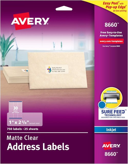 Avery Printable Address Labels - Sure Feed Technology | Matte Clear, 1" x 2-5/8", 750 Labels for Mailing & Branding