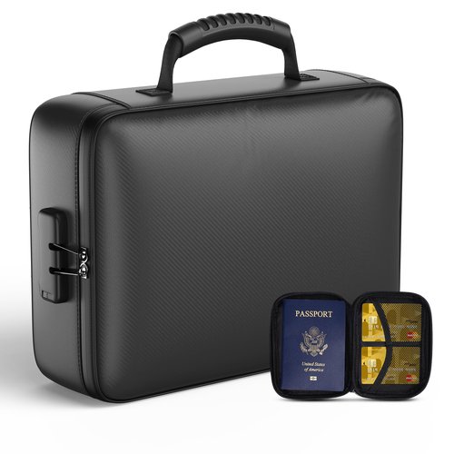 Grothery 5200°F Fireproof Document Box with Lock Fireproof & Waterproof File Organizer Box 8 Layer Heat Insulated Aluminum Foil Important Document Organizer Fire Proof Passport Travel Doc Holder Black