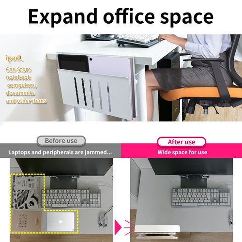 Desk Side Storage, Under Desk Storage, No Drill Steel Hanging Desk Organizer, Laptop Holder, Desk Storage Holder for Office & Home.(White)