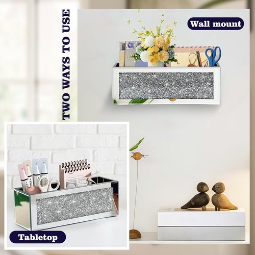 Azonsdop Crystal Crush Diamond Mail Organizer Countertop, Mirrored Wall Mount Letter Holder, Silver Mail Tray, Mail Holder Box for Desk, Mail Basket for Counter, Mail Storage Organizer