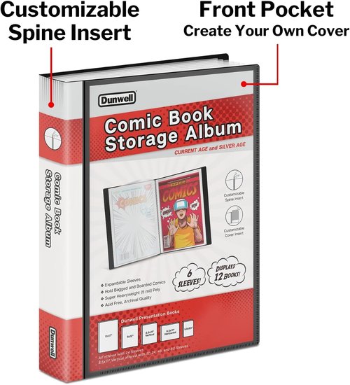 Dunwell Comic Book Storage Album - Acid-Free Binder with 6 Heavyweight Sleeves | Clear View Cover
