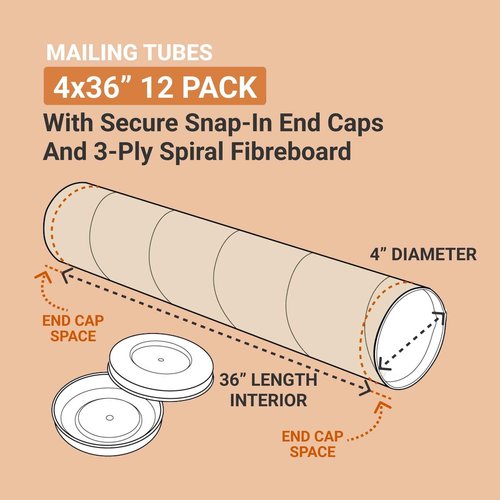 AVIDITI Shipping Tubes 4"L x 36"W, 12-Pack | Heavy Duty Cardboard Mailing Tube for Packing, Shipping and Mailing 436