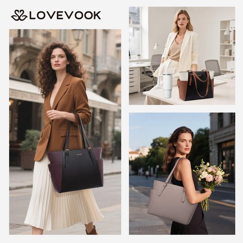 LOVEVOOK Laptop Tote Bag for Women With Large Cup Holder, Leather Work Tote Bag for Women,15.6 Inch Professional Computer Briefcase Business Teacher Commuter Shoulder Bag,Office Travel Gift