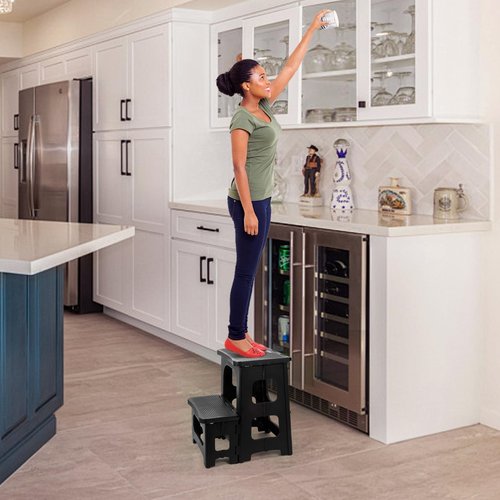 Ligebul 2-Step Stool Foldable, Plastic Steps Stool Folding Step Ladder Two Stepstools Collapsible Step Stools for Adults for Kitchen Home Bathroom RV, Pool Ladder Above Ground-Black