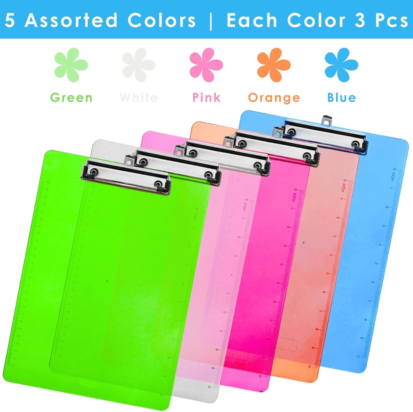 YOUEON 15-Pack Plastic Clipboards - Standard 9" x 12.5" Size with Low Profile Metal Clip & Hanging Loop | Multi-Color Transparent for Office & School