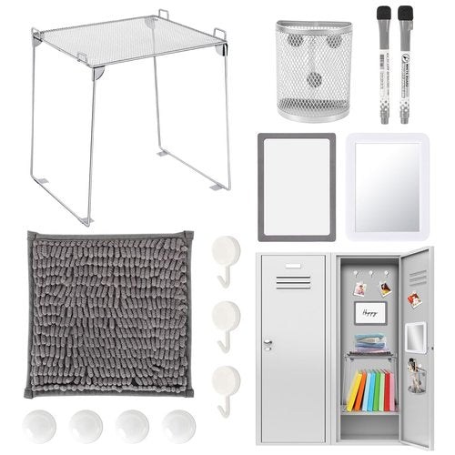 Cumule Grey Locker Organizer Accessories Kit with Locker Shelf, Mirror, Pen, Pen Holder, Whiteboard, Blanket, Round Magnet, Hook for Back to School Essentials and Work Locker Organizers