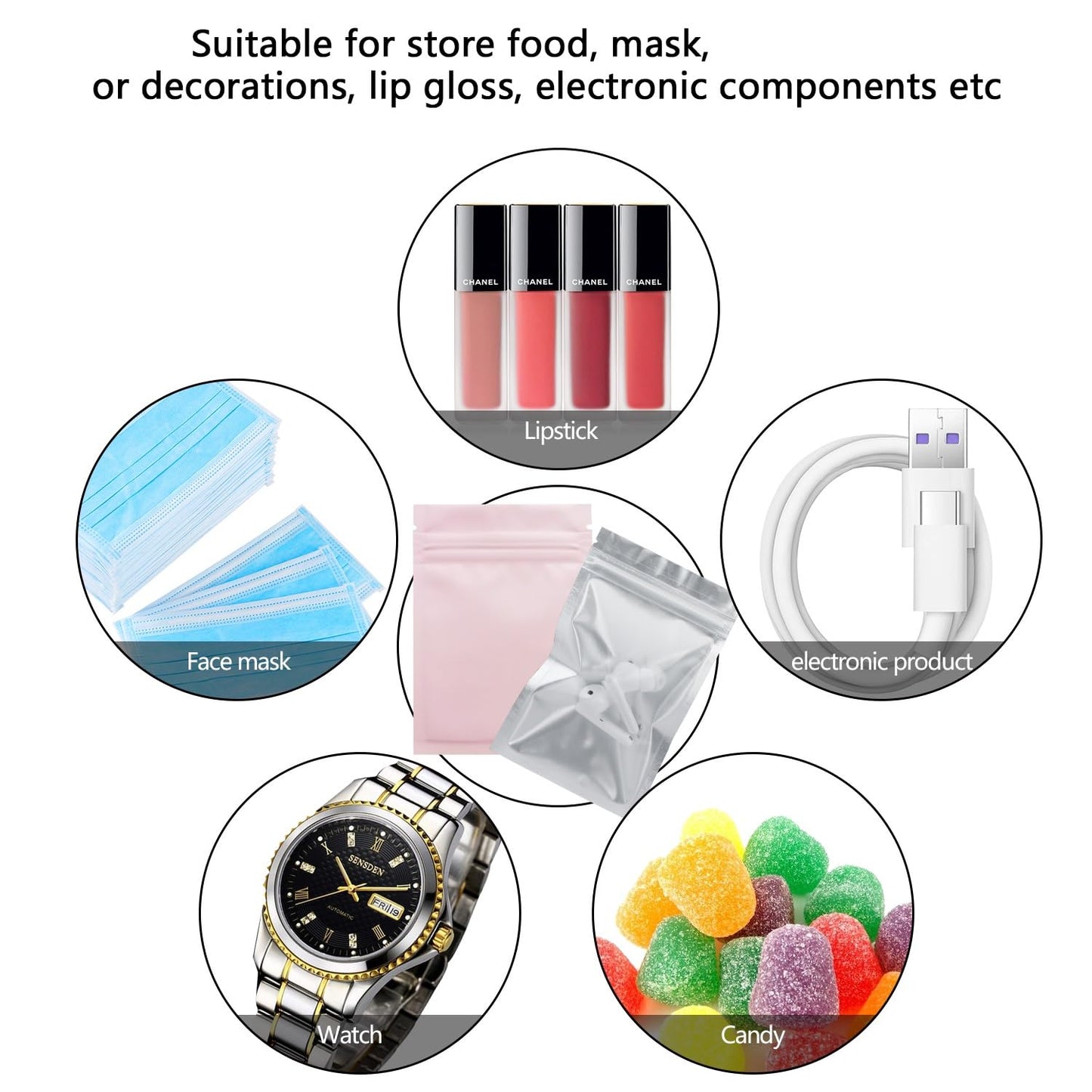 Smell Proof Bags 100 Pack 3 x 4 Inch Resealable Mylar Bags Foil Pouch Flat Bag with Clear Window Pink