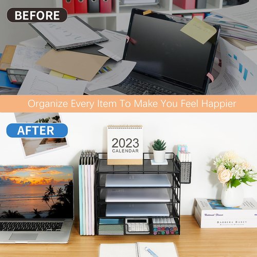 Gugsey Desk Organizer with File Holder, 5-tier Paper Letter Tray File Organizer with Drawer and Pen Holder, Mesh Desktop Office Organization and Storage for School Home Office Supplies(Black)