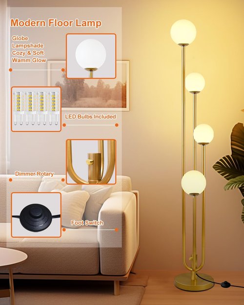 Lightdot Gold Globe Floor Lamp - Dimmable 4-Light Modern Design with 3000K Bulbs for Living Room & Bedroom Decor