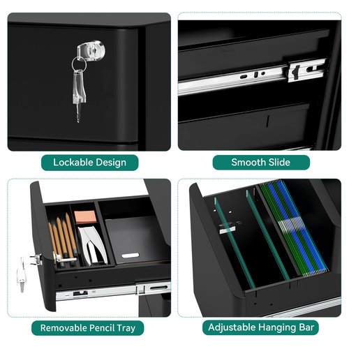 YITAHOME 3-Drawer File Cabinet, Lockable Mobile Filing Cabinet for A4/Letter/Legal Size Folder, Vertical File Cabinet for Home Office, Installed Except Casters, Black