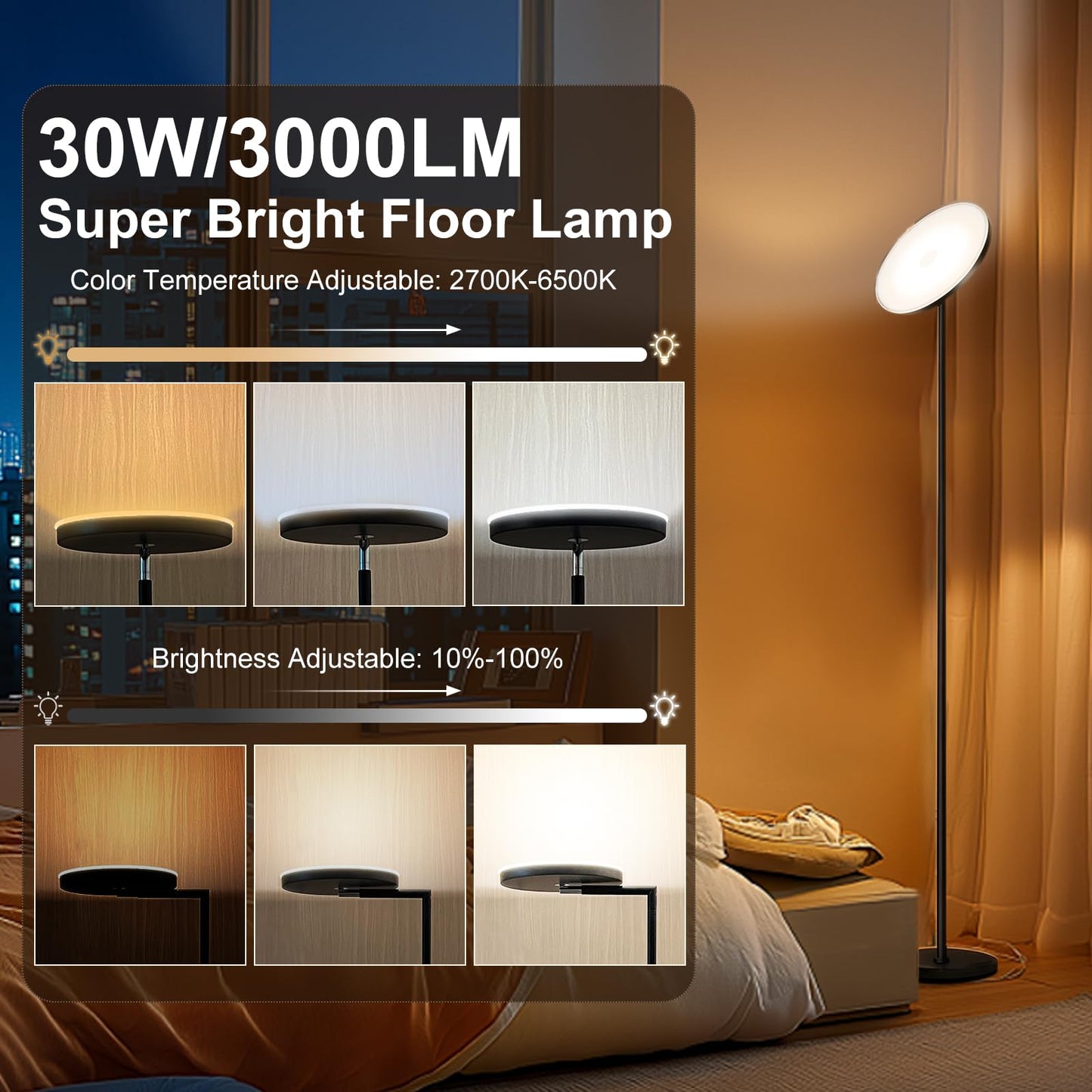 Anrotix 90-Degree Foldable LED Torchiere Floor Lamp, Super Bright 30W 3000LM, Remote Control with Stepless Dimming & Color Temperature Adjustable, Standing Lamp for Living Room, Bedroom, Office Black