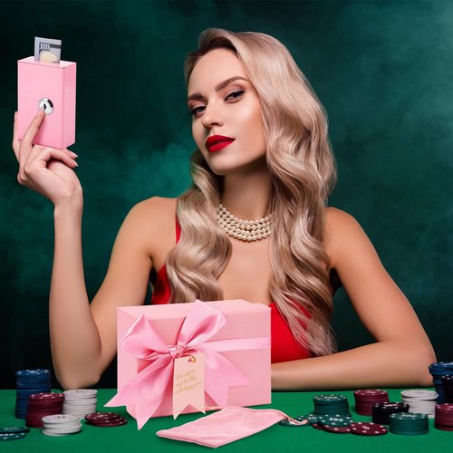CroBlissful 3 Pcs Pink Metal Cash Box for Money Savers Large Slot with 2 Keys and Storage Bag Gift Box, Casino Portable Cash Organizer Pocket Sized Gifts Stops Addictive Urges to Casino Lovers