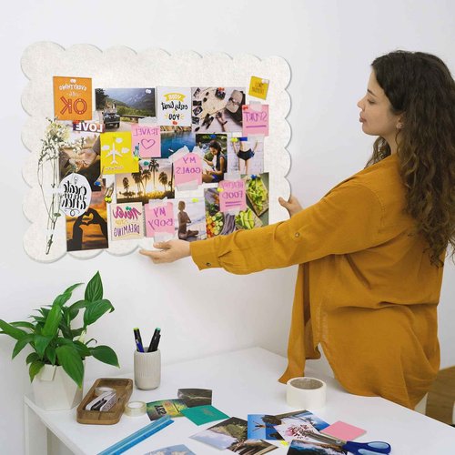 Beige Scalloped Felt Bulletin Board - 36 x 24 Inches Large Felt Board Foldable Cork Board Alternative Photo Board Self-Adhesive Vision Board Decorative Pin Board for Wall