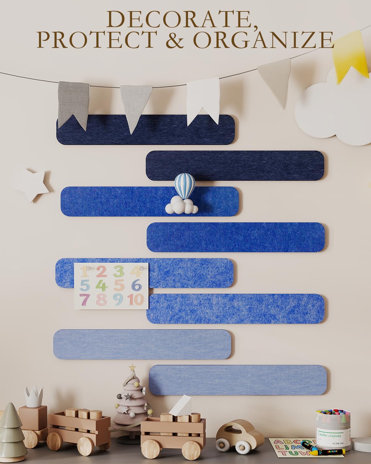 JBER Felt Strip Board 8 Pack 13"x2", Cork Board Alternative Pin Bulletin Board, Self-Adhesive Vision Board with 25 Push Pins for Walls, Office & Home Decor(Denim Haze)